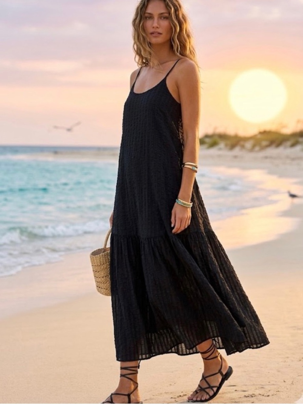 Modern Citizen Tiered Textured Coquette Black Lightweight Maxi Flowy Dress XS/S